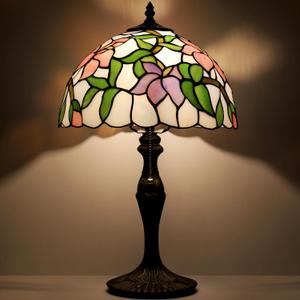 Tiffany Table Lamp 19" Stained Glass Reading Lamp Pink Floral Style