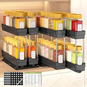 2 Pack Pull Out Spice Rack Organizer for Cabinet, Slide Out Seasoning Kitchen Organizer, Heavy Duty Spice Cabinet Organizers with Labels for Kitchen Pantry, 5.3" W x10.7 D x10 H, 4 Drawers, 2-Tier