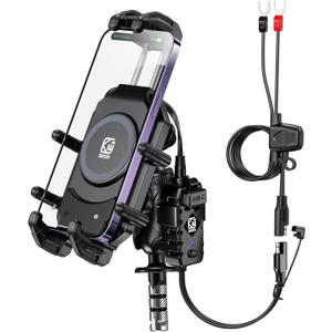 BRCOVAN Motorcycle Fork Stem Phone Mount with Qi 15W Wireless Charger & 36W PD/USB-C Fast Charging Port, Anti-Theft Motorcycle Phone Holder with Vibration Dampener for 5.4''-7.2'' Cellphones