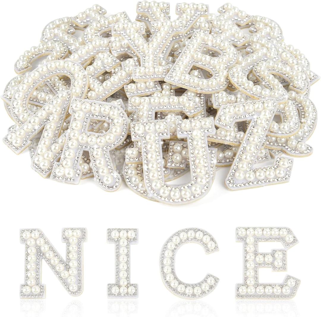 ASTARON 52 Pcs Self Adhesive Letter Patches Pearl Rhinestone Letter Stickers, Glitter Rhinestone Letters A-Z Embroidered Applique Patches Alphabet Cloth Patch for Clothes, Bags, Hat, Phone Case, DIY