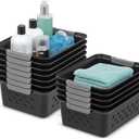 IRIS USA Plastic Storage Baskets, 12-Pack, Made in USA, Shelf Baskets Small Baskets Organizing Bins For Pantry Countertops Closet Shelves Office, Muti-Purpose, Nestable, Easy Carry, Black
