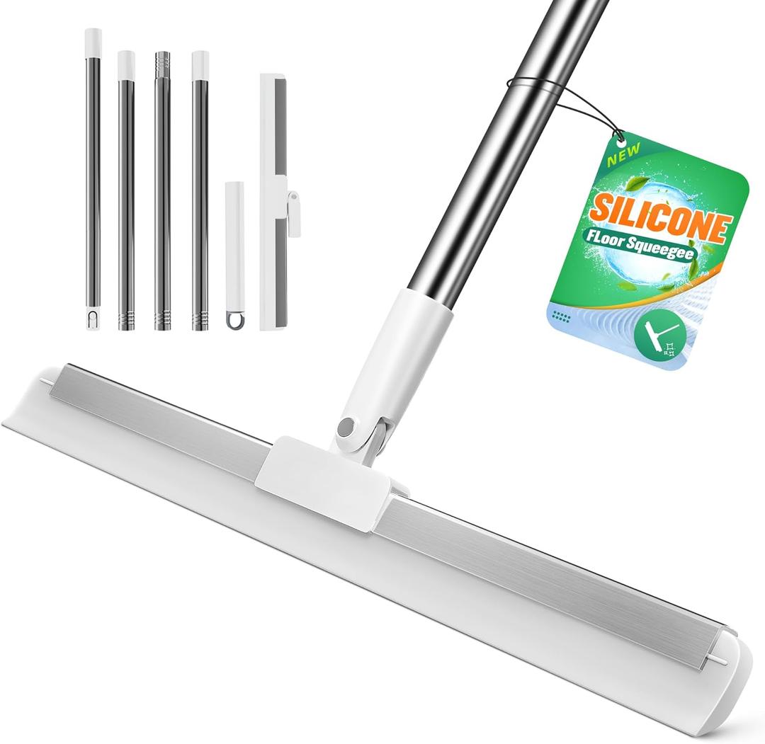 Silicone Squeegee for Floor, 180 Rotating Squeegee Broom, Floor Squeegee with a Long Handle, Squeegee for Water and Pet Hair Removal on Bathroom Floors, Tile, Glass, Indoor Window Cleaning Tool