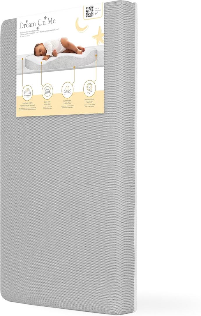 Dream On Me Snuggles Extra Firm Dual-Sided Baby Crib Mattress with Breathable Fabric, Water & Odor Resistant, GREENGUARD Gold Certified, Fits Mini & Portable Cribs (38x 24x 3) - Grey