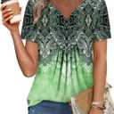 BETTE BOUTIK Womens Short Sleeve Tunics V Neck Button Down Shirts Blouse Tops Pullover (Green, XL)