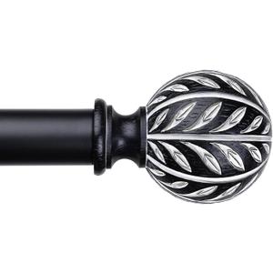 2 Pack Boho Black Curtain Rod, Decorative Curtain Rods for Windows 30 to 56 Inch with Handmade Leaf Finials, 1 Inch Adjustable Heavy Duty Rustic Farmhouse Window Treatment Rods, Easy Install