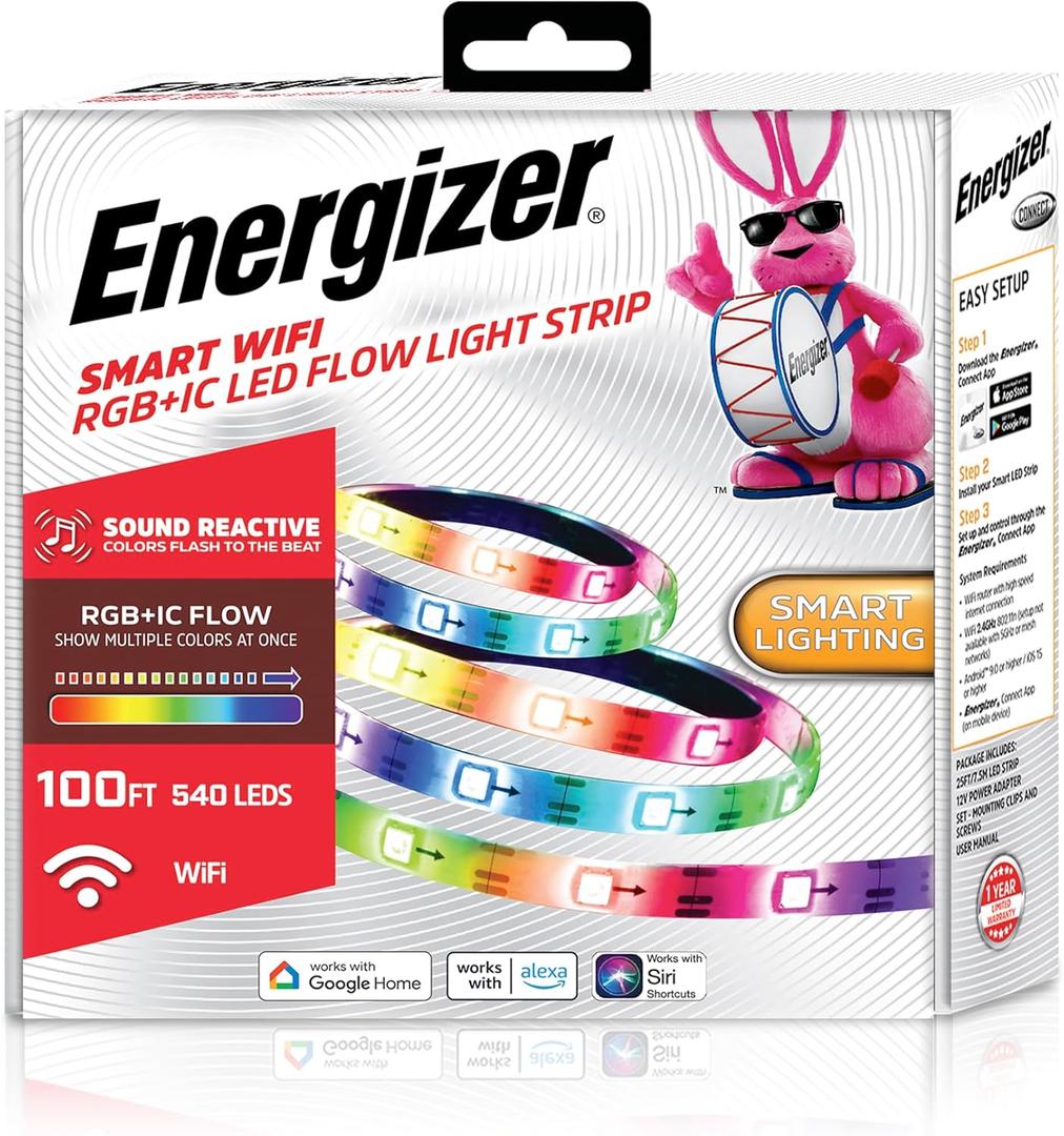 Energizer Smart RGB+IC LED Light Strip, 100 Foot Indoor Wi-Fi Color Flow LED Light Strip, Sound Reactive, Remote Access, Voice Control with Alexa, Siri, Google, Grouping, Scheduling, No Hub Required