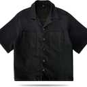 Cropped Cuban Button Down Shirt for Men - Knit Short Sleeve Collared Shirt with Pocket Lightweight Summer Casual Fit (Black, XXL)
