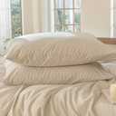 MooMee Bedding Pillowcases Striped Pack of 2 100% Washed Cotton Linen Like Textured Breathable Durable Soft Comfy (Tannish Linen Grey White Pinstripes, Queen)