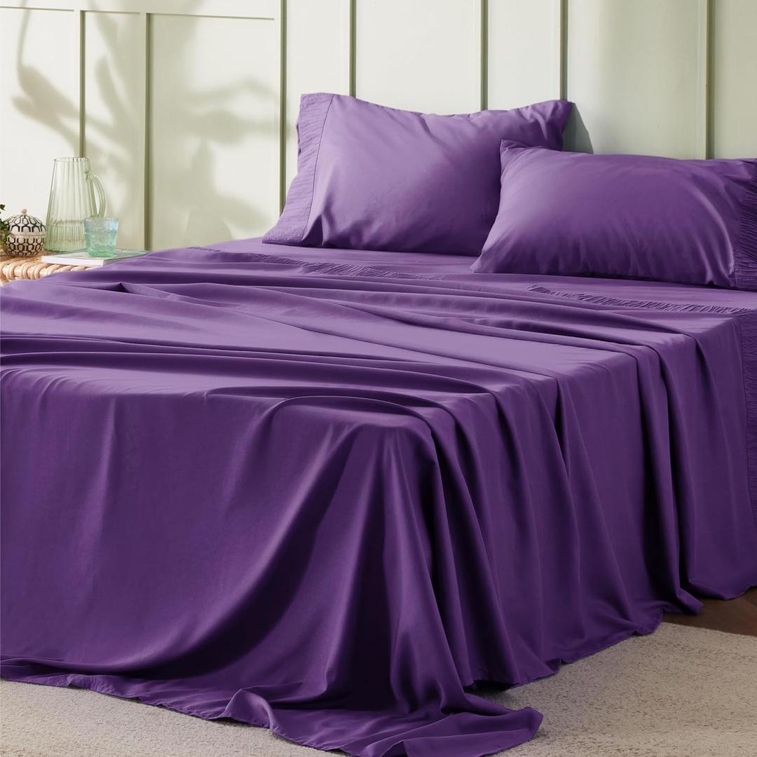 Bedsure California King Sheet Sets - 4 Pieces Soft Cal King Sheets - Breathable & Cooling - Hotel Luxury - Easy Care Polyester Microfiber Bedding for Women, Men, Purple