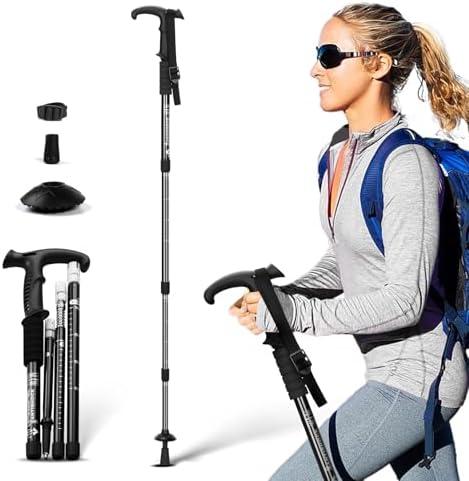 Telescopic Walking Cane 43 Inch with Anti-Shock & T-Grip Handle - 7075 Aluminum Quick Lock Trekking Pole, Ultralight for Hiking, Camping, Mountaineering