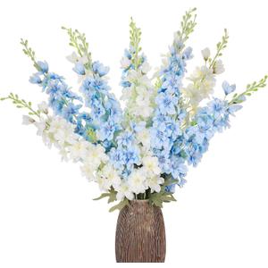 10 Pcs Delphinium Artificial Flowers for Decoration, 33.86 Inch Long Stem Larkspur Fake Flowers Light Blue Faux Silk Bouquets for Tall Vase Wedding Home Decor Floral Arrangements(White+Blue)