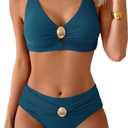 Eomenie Bikini Sets for Women Color Block Two Piece Bathing Suit V Neck Tie Back Swimsuit (X-Small, Peacock Green)