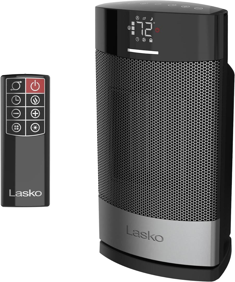 Lasko Ellipse Ceramic Tabletop Heater for Home with Tip-Over Switch, Child Lock, Digital Display, Thermostat, AutoECO Mode, Wide Oscillation, Remote, For Bedroom, Office, Den, 1500W, Black, CD12950