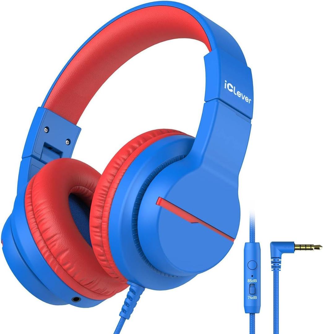 iClever Kids Headphones for School Travel, Safe Volume Limited, HD Mic Stereo Sound Over-Ear Girls Boys Headphones for Kid, FunShare Foldable 3.5mm Wired for iPad Computer, HS19 (Blue)