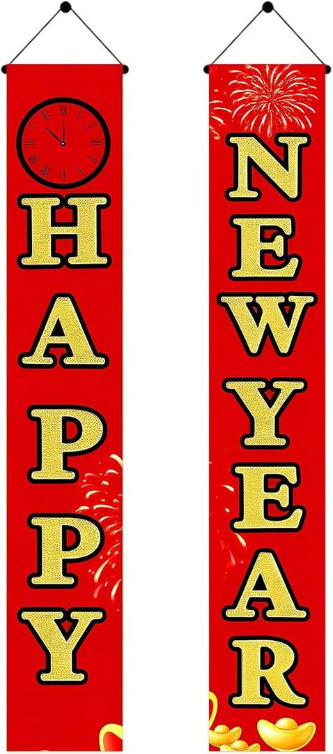 Happy New Year Door Banner Set 71 X 12 Inch Red And Gold Vertical Hanging Porch Decoration Front Door Hanging Sign Holiday Countdown Party Entryway Fireplace Wall Home Decor With
