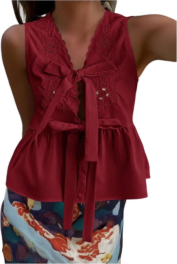 SOLY HUX Women's Y2k Bow Tie Front V Neck Sleeveless Blouse Eyelet Embroidery Ruffle Hem Babydoll Tops (Pink, XS)