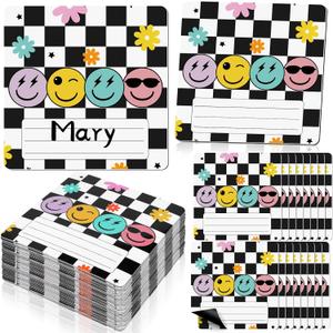 Sabary 48 Pcs Checkered Classroom Decor Magnetic Name Tags 4.7'' X4.7'' Black White Checked Reusable Dry Erase Labels Thickened Magnetic Back Name Plate Stickers for Locker Whiteboard Office Supplies