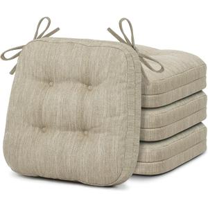 4 x Shinnwa Dining Chair Cushions Set of 4, Dual-Layer Memory Foam Kitchen Chair Cushions, Patented Design Seat Pads with Ties, 16.5 x 16.5 x 3.5in, 4 Pack, Beige