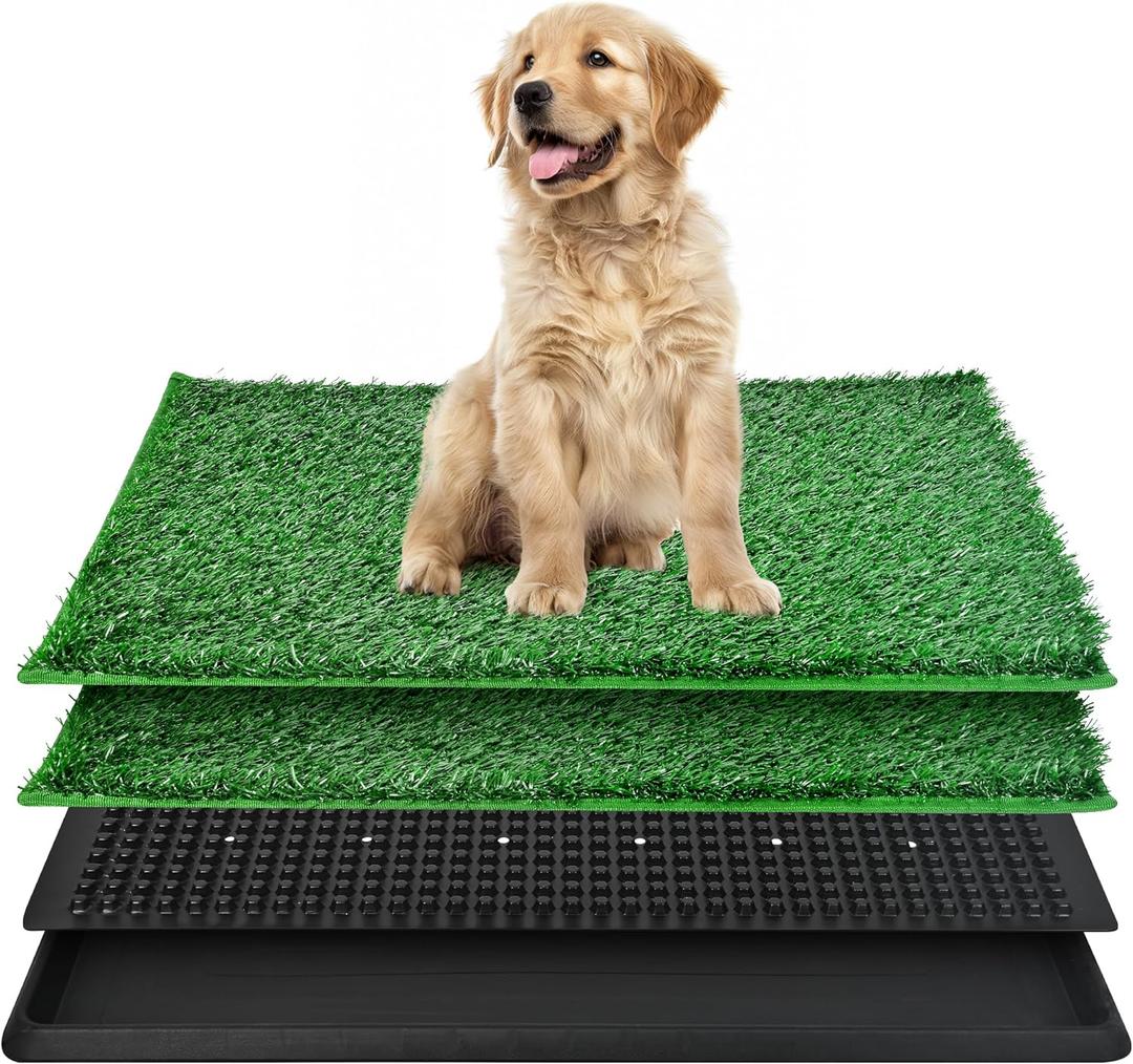 Dog Grass Pad with Tray, Dog Grass Potty Patch Bathroom Mat, Washable Pee Pad for Puppy Training, Dog Litter Box, Portable Perfect Indoor Outdoor Use, 2 Reusable Artificial Turf, 20x25inch