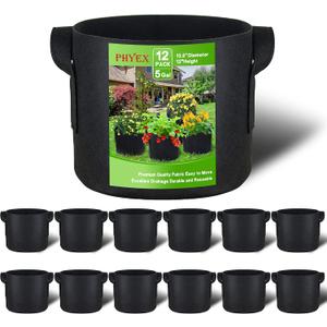 PHYEX 12-Pack 5 Gallon Grow Bags, Heavy Duty Fabric Pots with Handles, Reusable Plant Bags for Vegetable, Herbs & Flowers, BPA-Free, Breathable, Durable