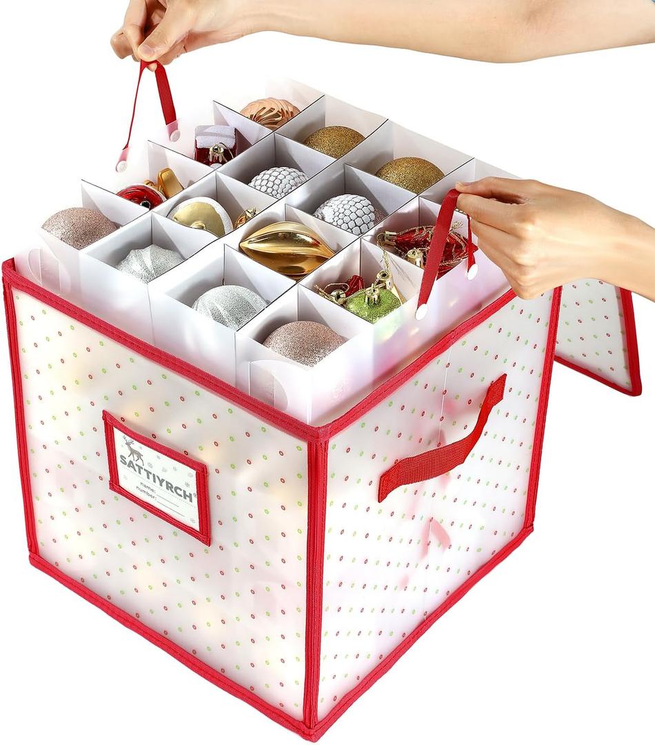 Sattiyrch Plastic Christmas Ornament Storage Box with Trays, Customizable Dividers, Dust-Proof Durable Ornament Organizer Holder, Christmas Storage Containers, Holds 64 x 3 Ornaments