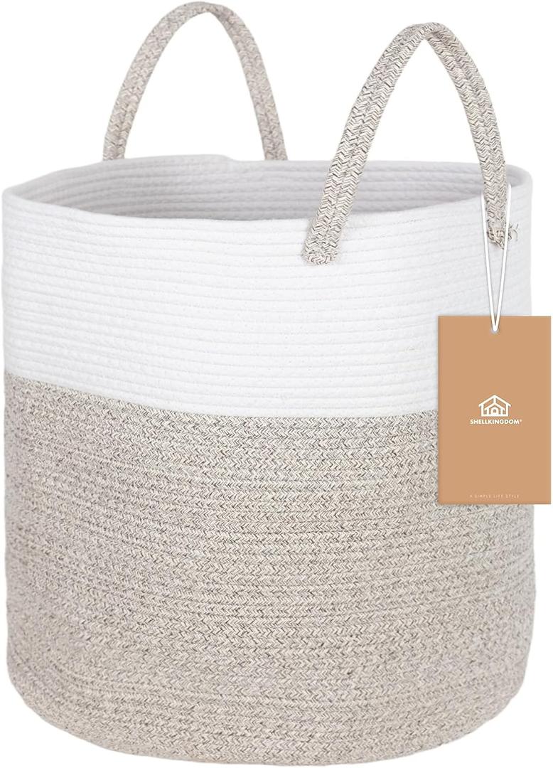 ShellKingdom Laundry Basket, Large Natural Rope Woven Storage Basket with Handles for Home, Living Room, Laundry, Storage Organizer for Blankets, Clothes, Toys, 19.7 x 14.96 INCH (2-Toned White Khaki) (58L)