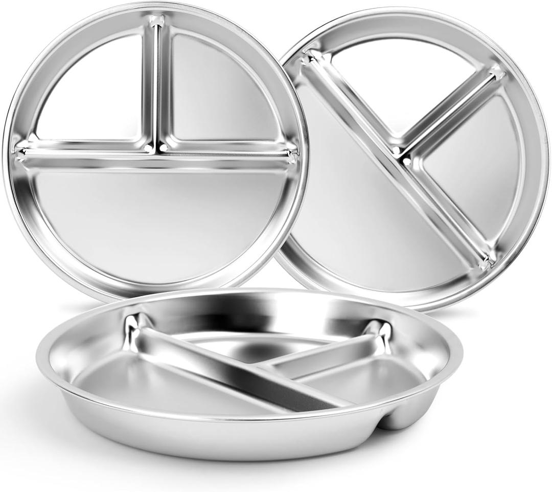 Stainless Steel Kids Plates 3 Packs, Deepened 9" Portion Control Plate Divided Plate for Toddlers Bigger Appetite, Non Toxic Unbreakable Metal Lunch Dishes