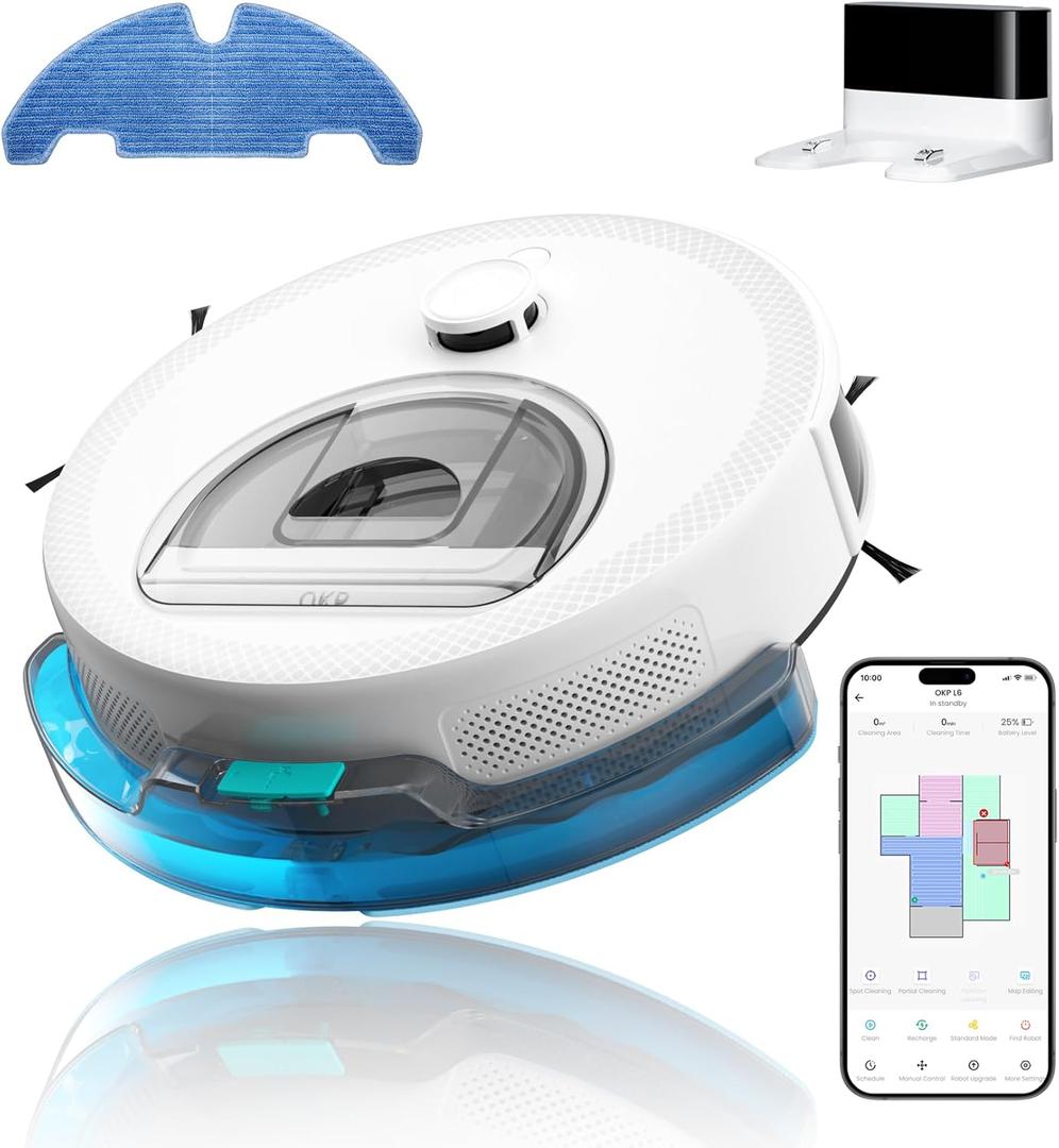 OKP Lidar Robot Vacuum and Mop Combo, 6000Pa Automatic Robotic Vacuum, Smart Mapping, 3.7 inch Thin, 150 Min Max, 5G WiFi/App/Alexa Control, Ideal for Pet Hair, Hardfloors, Carpets, Home(L6 Aqua) (Frost White)