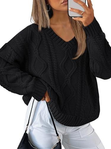 Trendy Queen Oversized Cable Knit Sweaters for Women 2025 Cozy Pullover Knit Fall Outfits V Neck Cute Winter Clothing Large