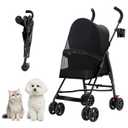 Pet Stroller with Mesh Ventilation, Lightweight Foldable Design, Cup Holder, Black