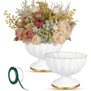 2 Pcs Metal Compote Bowl for Centerpiece Flower Holder 9 Inch Compote Vase Indoor Outdoor Flowers Fruits Plant for Christmas Wedding Home Party Decoration (White)