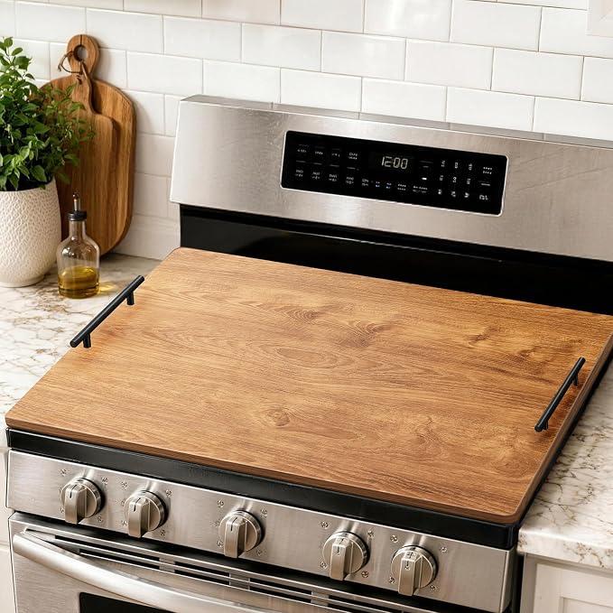 Noodle Board Stove Cover with Handles, Stove Top Covers for Gas Burners and Electric Stove, Wood Stove Cover Board Decorative Serving Tray Kitchen Sink Cover for Counter Space (Brown)