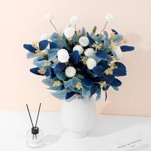 Dallisten Fake Flowers for Vase, 15 pcs Faux Silk Pompom Mum Artificial Flowers with Eucalyptus Stems, Mini Floral Long Stem Arrangements for Home Decor, Wedding, Table Centerpieces DIY Floral Designs