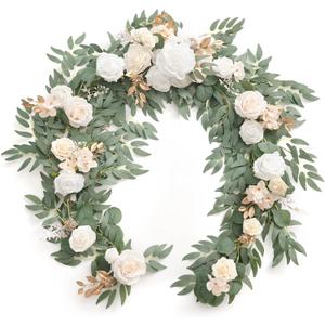 Ling's moment Flower Garland - 6FT Eucalyptus & Rose - Sweetheart Table Decor for Wedding Reception, Artificial Silk Floral Garland for Mantle, Spring, Garden Christmas Decoration, White Beige