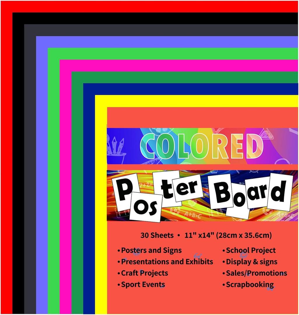 Colored Poster Board 30 Sheets 11x14 Inch 10 Assorted Colors for Art Display Board,Classroom Use,School Craft Project,Presentation Drawing