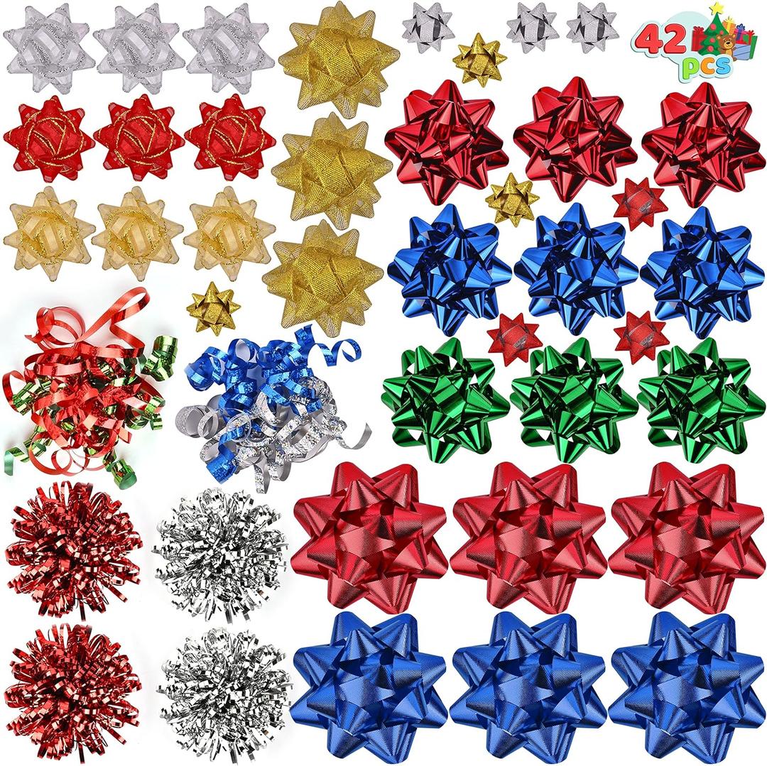 JOYIN 42 Pcs Christmas Assorted Gift Bows with 36 Multi-Colored Assorted Size Self Adhesive Bows, 2 Curly and 4 Tinsel for Gift Wrapping, Christmas Wrapping Ribbon (4 Sizes) (Golden, Silver, Blue, Green, Red)