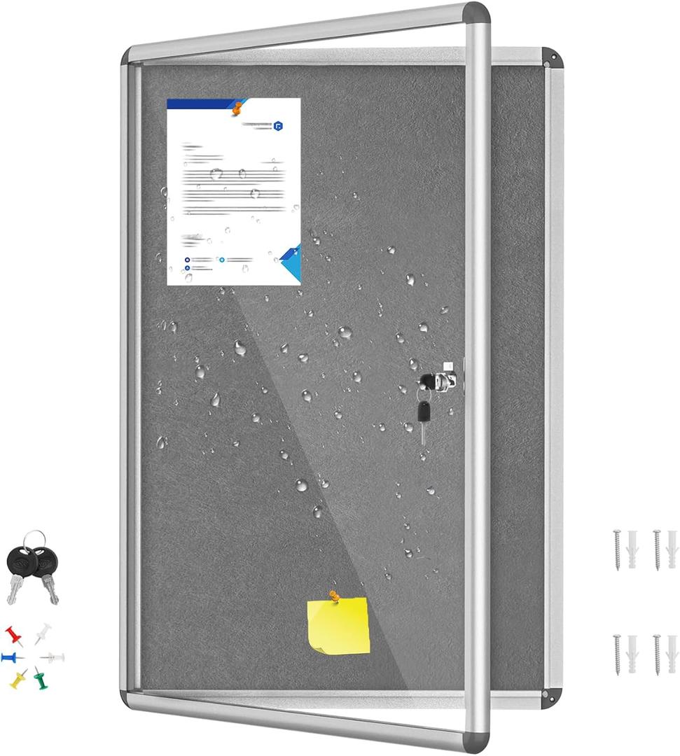 36"x24" Enclosed Bulletin Board with Locking Door, Tamper-Proof Dispaly Case, Aluminium Frame, Outdoor Bulletin Board Weatherproof, Lockable Cork noticeboard for School,Office,etc (Gray Felt)