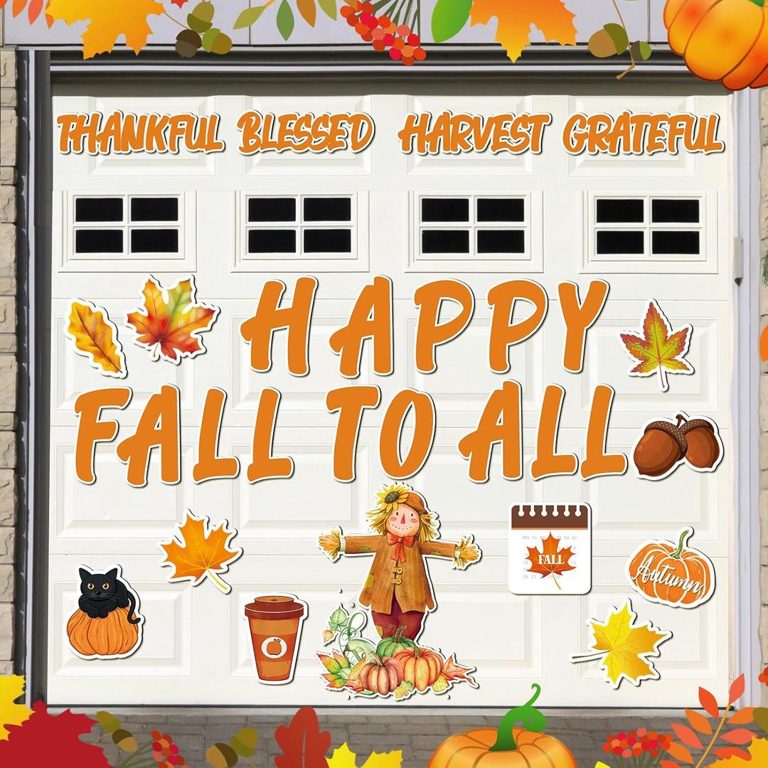 Bememo 28 Pcs Thanksgiving Garage Door Decorations Magnets Fall Magnets with Scarecrow Pumpkin Maple Leaf Magnet Decal Sticker for Garage Door Car Refrigerator