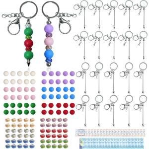 LEIOSAGN 180pcs Silver DIY Beadable Keychains Making Kit with 120pcs15mm Silicone Beads and Spacer Beads, 20 Blank Beadable Keychain Bars in 2 Shapes, 20 Thank You Cards, 20 Resealable Pouch Bag