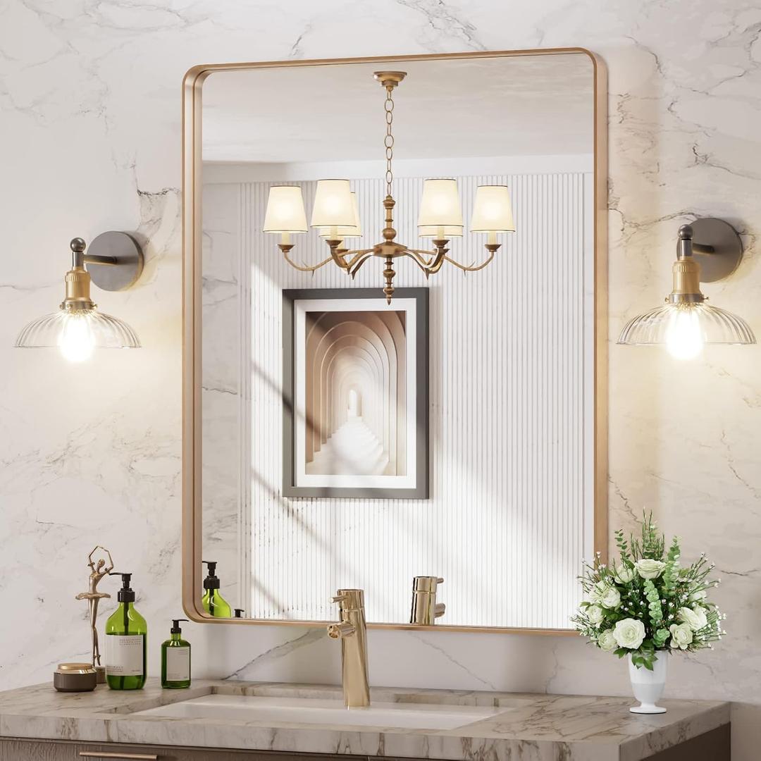 LOAAO 28X36 Gold Bathroom Mirror, Rounded Rectangle Gold Frame Mirror, Brushed Gold Bathroom Vanity Mirror Wall-Mounted, Anti-Rust, Hangs Horizontally or Vertically