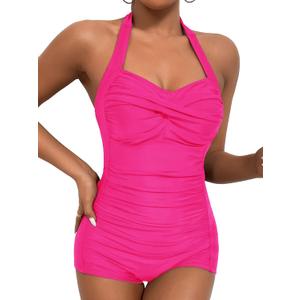 Women's Retro Tummy Control Swimsuits Halter One Piece Slimming Swimwear,Vintage Boyshorts Ruched Push Up Bathing Suit (Hot Pink)