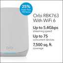 Netgear Orbi RBK763-100NAR AX5400 Tri-band WiFi 6 Mesh System, 5.4Gbps, Router and 2 Satellites
