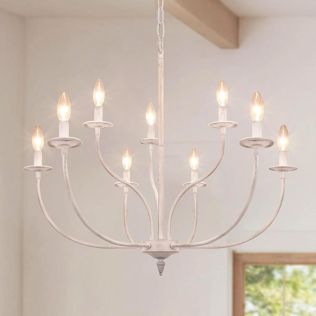 French Country Chandelier, 9-Light Antique White Farmhouse Chandelier, 2-Tier Candle Modern Farmhouse Chandeliers for Dining Room Living Room Bedroom Foyer, White 