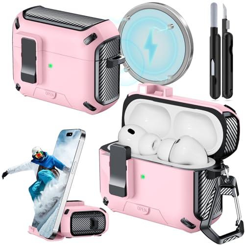 JOREMX for AirPods Pro 3 Case (2025) with Phone Stand,（with Automatic Snap Switch） Carbon Fiber Design Protection Cover with Cleaning Pen,Pink