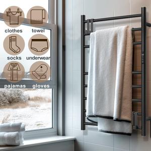 R FLORY Towel Warmer Rack 8 Bars Stainless Steel Warmer Rack Hard Wired&Plug-in Wall Mounted Towel Heater with Intelligent Touch Screen Timer (Matte Black)