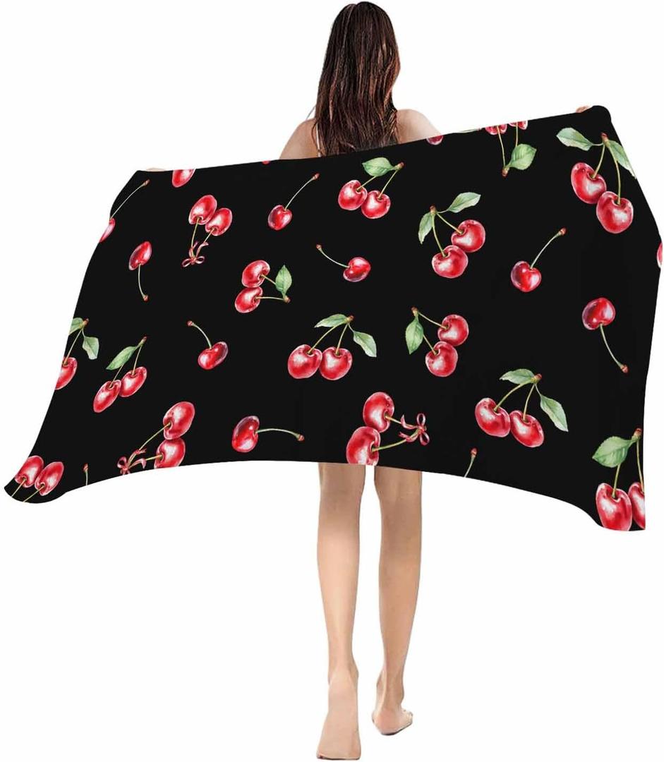 Beach Towels-Absorbent Quick Dry Pool Towel 35x70in,Watercolor Red Cherry on Black Sand Free Oversized Large Bath Towel Soft Blanket for Swim Travel Camping,Farm Seamless Fruit Art