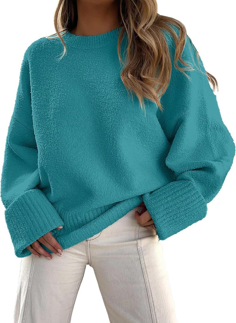 ANRABESS Women's Oversized Sweaters 2025 Long Sleeve Fuzzy Knit Casual Chunky Pullover Sweater Fall Outfits Clothes (Lake- Green Blue)