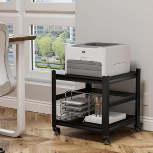 Printer Stand with Wheels,2-Tier Printer Table with Adjustable Storage Shelf for Home Office,Rolling Printer Cart for Heat Press Mini Fridge, Computer,Black