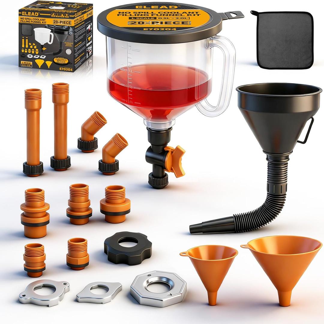 20-Piece No-Spill Coolant Funnel Kit, Cooling System Funnels Kits, Spill Proof Funnel Bleeder, Radiator Funnels Kit with Adapters, Extensions, Flexible Hose, Circular-Funnel, Towel for Automotive Use (Orange)