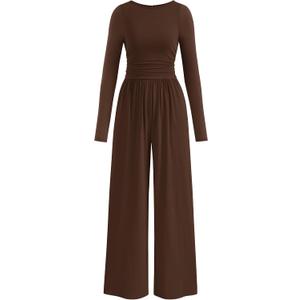 PRETTYGARDEN One Piece Jumpsuits for Women Dressy Casual Long Sleeve Crewneck Wide Leg Romper Overalls Spring Outfits 2026, XL